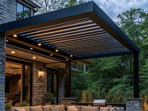 Modern pergola over an outdoor patio seating area