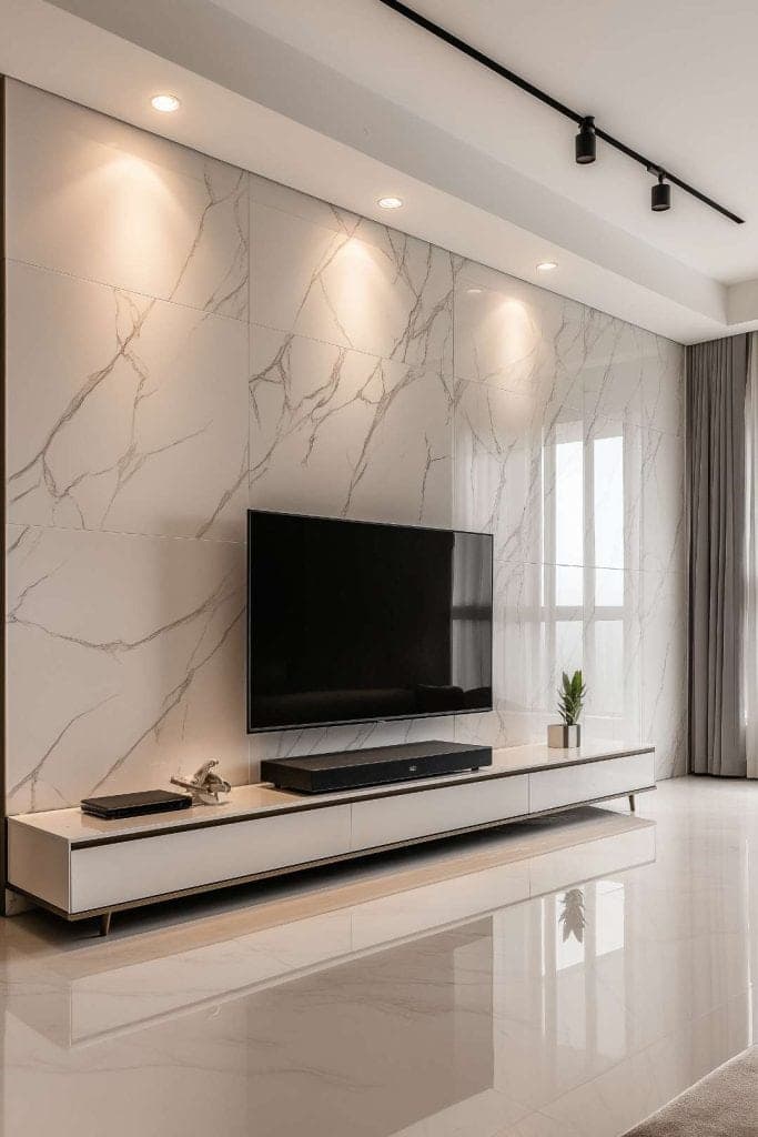 Marble-look wall panels behind a wall-mounted TV