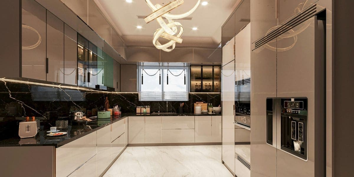 Modern kitchen with glossy cabinets, marble backsplash and statement chandelier
